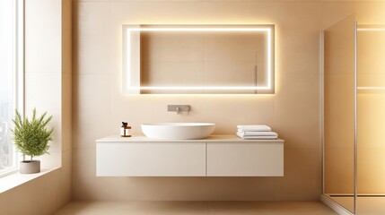 Fototapeta premium Minimalist bathroom with recessed lighting, beige walls, floating vanity, minimalist bathroom, contemporary elegance