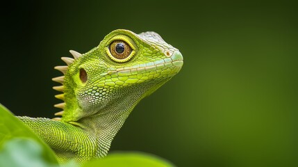 Obraz premium A tight shot of a green lizard's expressive face perched on a textured, green branch Background softly blurred