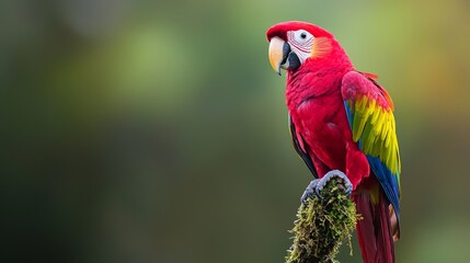Fototapeta premium A red parrot perches on a tree branch against a backdrop of a blurred scene, with a green plant in the foreground