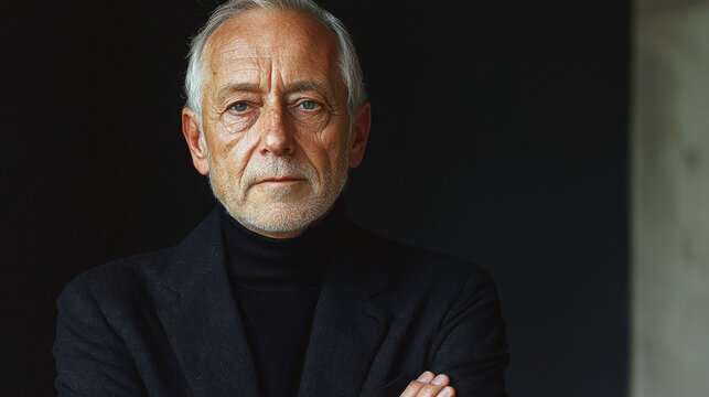 A senior man with white hair stares intensely at the camera. - Powered by Adobe