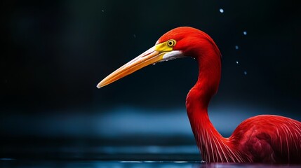 Fototapeta premium A red bird with a long neck and a yellow beak is vividly captured in a close-up, gazing at a body of water Droplets of water ornament the