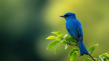 Fototapeta premium A blue bird atop a verdant tree branch against a green backdrop with gentle blur
