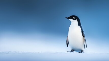 Naklejka premium A penguin stands in the snow, head tilted to the side, eyes wide and gazing, against a backdrop of blue sky