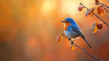  A blue bird perched atop a tree branch, bearing fruits Background softly blurred