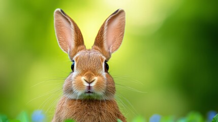  A tight shot of a rabbit's face, background softly blurred with grass and flowers