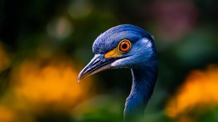 Fototapeta premium A tight shot of a blue bird with vibrant yellow and red eyes against a softly blurred backdrop of sunlit yellow blooms