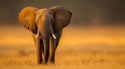 Fototapeta premium An elephant, its massive tusks jutting out, stands in a field of tall grass Sunlight bathes its back
