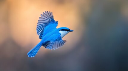  A blue bird flies in the air, spreading its wings