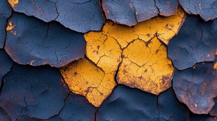  A tight shot of yellow and blue paint on weathered wood, revealing cracks