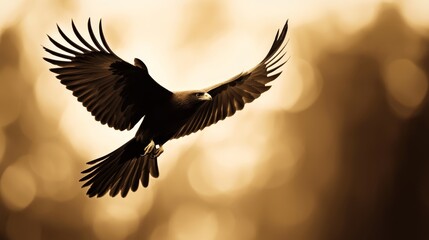 Obraz premium A black bird in flight, wings splayed broadly