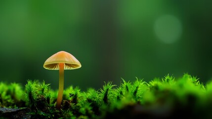 Fototapeta premium A tiny yellow mushroom sits atop a forest floor blanketed in green moss and adorned with abundant lichen