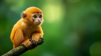 Obraz premium A tight shot of a monkey on a tree branch against softly blurred trees in the background