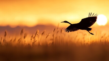 Fototapeta premium A bird silhouette flies over a tall grass field as the sun sets in the distance