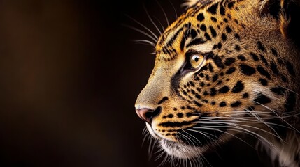 Fototapeta premium A tight shot of a leopard's face against a black backdrop, the feline's features sharply defined The head is subtly blurred, creating depth and focus