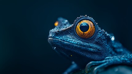  A tight shot of a frog's eye, adorned with water droplets on its body and head