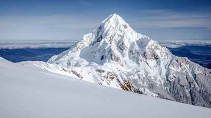 ImageMajestic Winter Mountain Peaks A Stunning Snow-Covered Landscape, Showcasing the Beauty of Nature's Towering Giants A Serene View of Snow-Capped Summits in Winter's Embrace