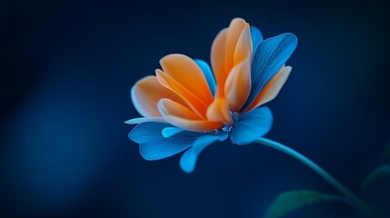  A tight shot of a bloom featuring a blue center and orange heart, against a dark blue backdrop