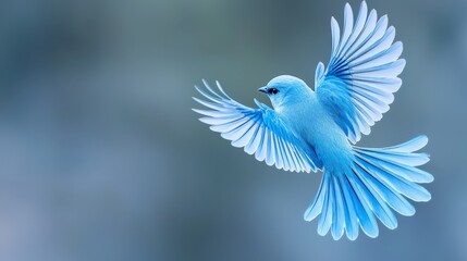  A blue bird flies in the air with spread-out wings