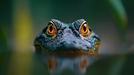 Fototapeta premium A frog's face in focus with a blurred green background and a nearby plant in the foreground