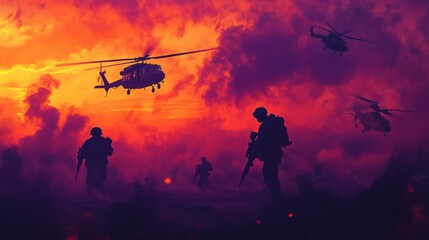Fototapeta premium Dramatic Military Scene with Helicopters and Soldiers at Sunset