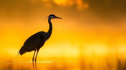Naklejka premium A large bird atop a water body, framed by a yellow and orange sunset with clouds