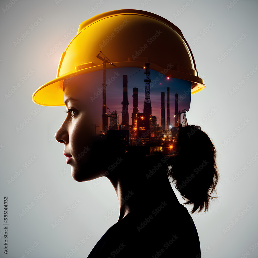 Wall mural a profile of a woman in a yellow helmet with a petroleum factory overlay, symbolizing engineering, e