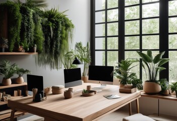 Obraz premium serene workspace design featuring nature inspired decor elements calming aesthetic enhanced productivity, greenery, plants, wood, light, colors, harmony