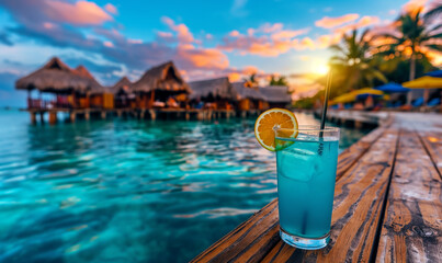 Refreshing blue cocktail with lemon on a tropical dock at sunset