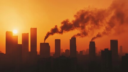 A stunning sunset silhouettes city skyscrapers while smoke billows from buildings, highlighting pollution and urban life.
