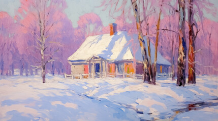 Impressionist winter landscape with a quaint cottage surrounded by snow-covered trees