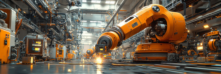 A row of robotic arms in a futuristic factory setting.