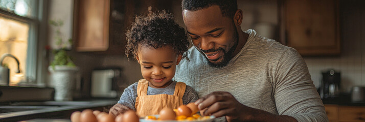 A father and son bond while cooking in the kitchen.