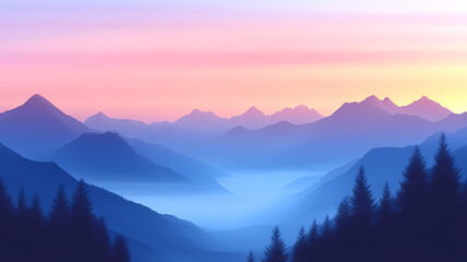 Obraz premium Illustration, Serene mountain vista, soft sunrise hues, misty valleys, warm glow