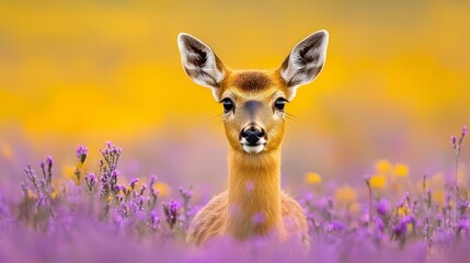  A tight shot of a deer amidst a flower field, where purple blooms predominate in the foreground, contrasting with a sunlit, yellow backdrop