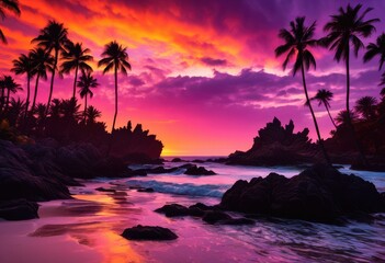 vibrant coastal sunset striking silhouettes trees rocks colorful sky, colors, ocean, horizon, light, evening, nature, landscape, scenery, dramatic, clouds
