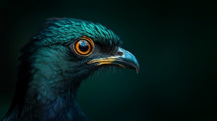  A bird's head in close-up, colored in green, blue, and yellow against a black backdrop