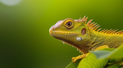 Obraz premium A tight shot of a vibrant green and yellow lizard perched on a leafy branch against a softly blurred background
