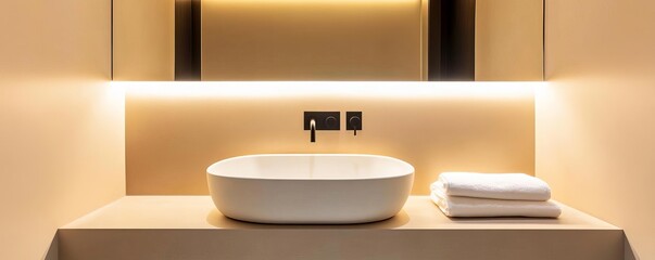Neutral minimalist bathroom with soft lighting and white floor tiles, minimalist bathroom, calm and clean design
