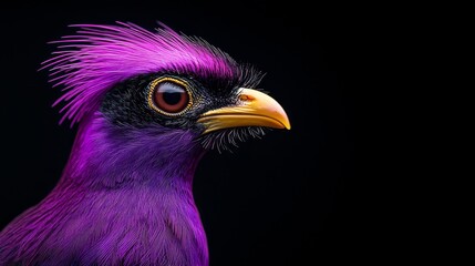 Fototapeta premium A tight shot of a purple-black bird against a yellow beak, set against a black background
