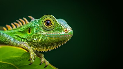 Obraz premium A tight shot of a green chameleon atop a verdant leaf against a dark green backdrop