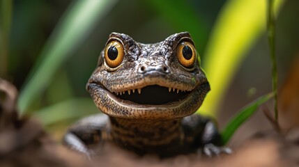  A tight shot of a frog's expressive face against a backdrop of a green plant In the foreground, another green plant adds depth