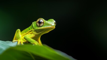  A frog up-close on a green leaf against a dark background