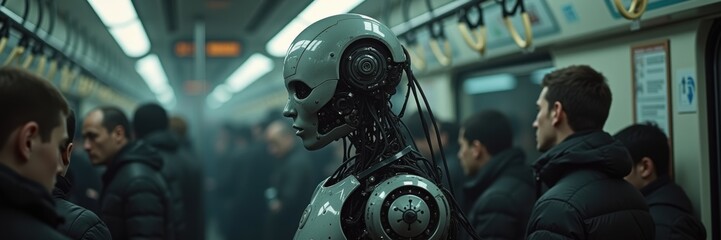 Fototapeta premium A futuristic scene featuring a humanoid robot in a crowded subway, exploring themes of technology and urban life.