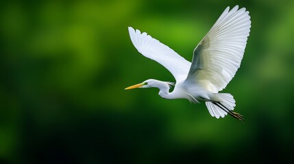 Obraz premium A white bird flies through the air with its wings spread and yellow beak open