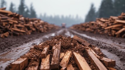 Close-up view of stacked wooden logs on muddy ground, surrounded by lush trees in a serene, misty forest landscape.