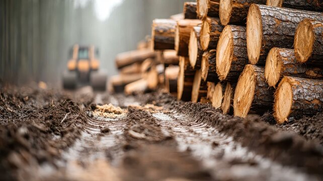 Close-up of tree logs stacked on muddy ground in a forest. A heavy machine is visible in the background, indicating logging activity.