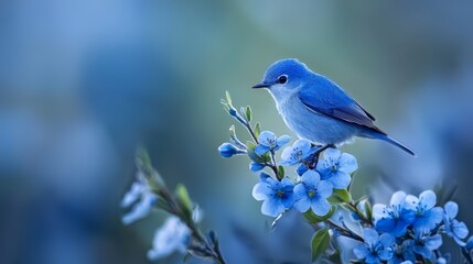  A blue bird perched atop a tree branch, surrounded by blue flowers Background softly blurred