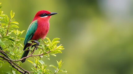 Fototapeta premium A vibrant bird perches atop a distinct tree branch, surrounded by lush green leaves, contrasting against a softly blurred backdrop of verdant foliage