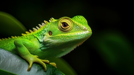 Fototapeta premium A close-up of a green lizard on a leaf against a black background