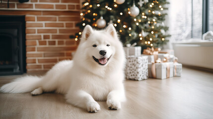 A cheerful Samoyed enjoying Christmas decorations by the festive tree and gifts